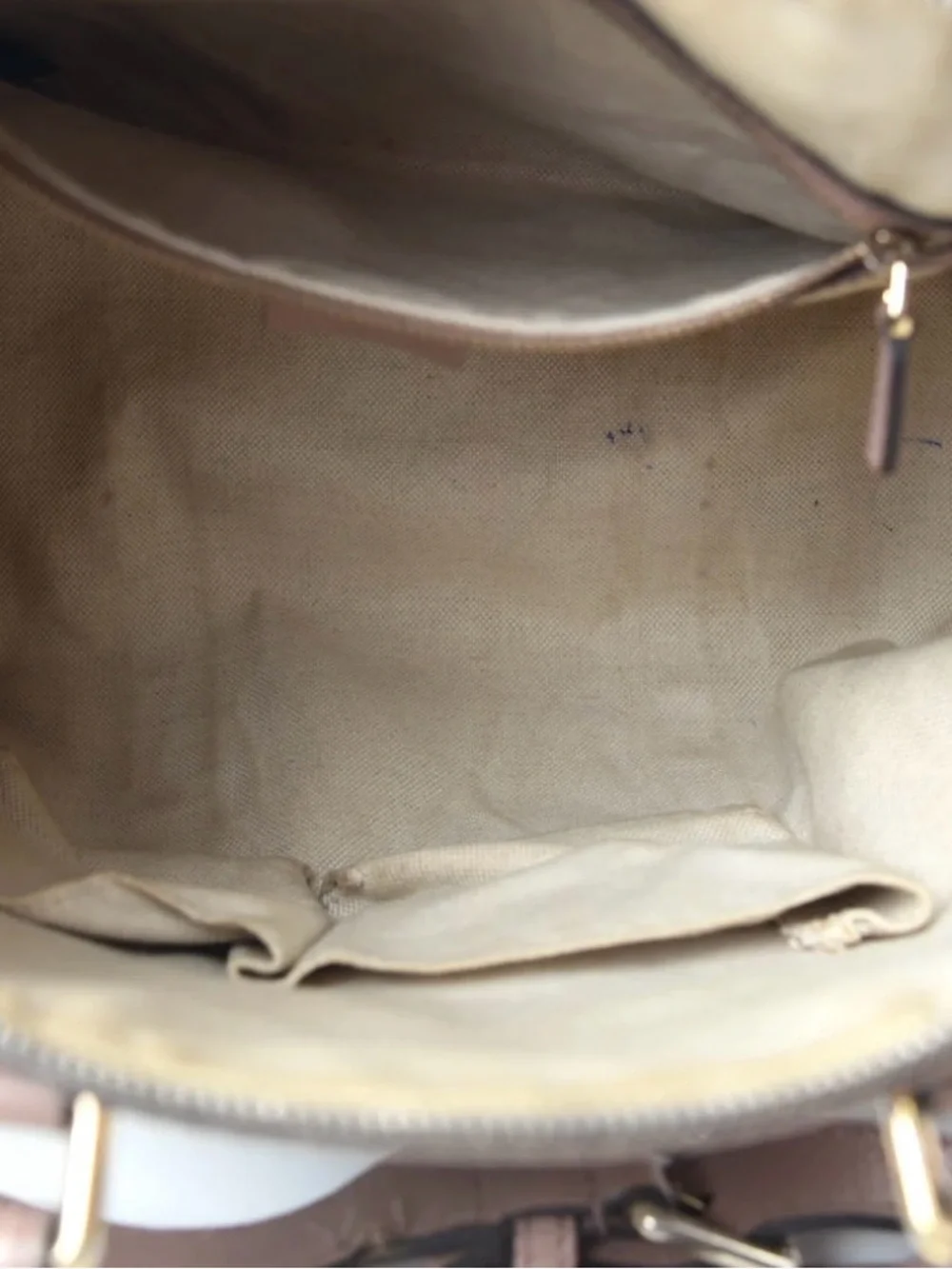Gucci Beige Monogram Satchel with Pink and Blue Stripes